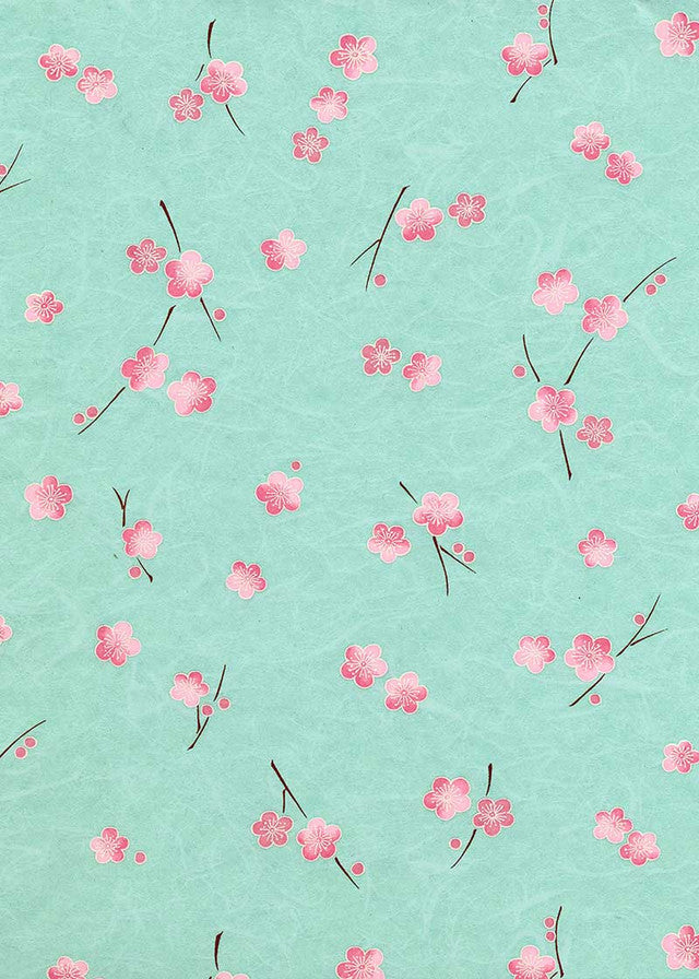 Japanese Chiyogami Paper - Pink Flowers On Turquoise