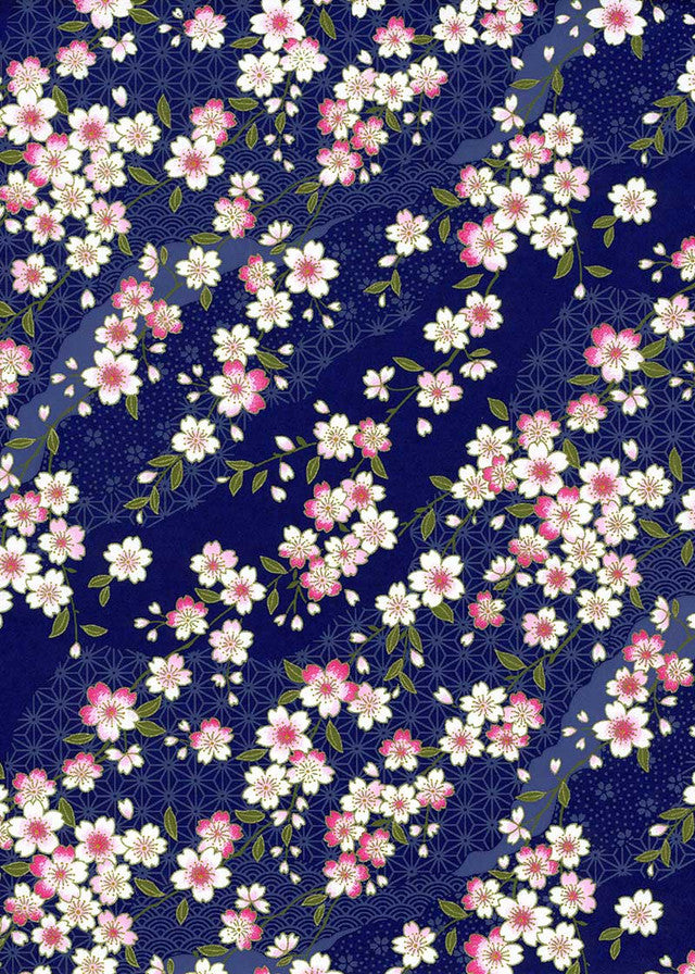 Japanese Chiyogami Paper - Pink and White Blossoms on Blue