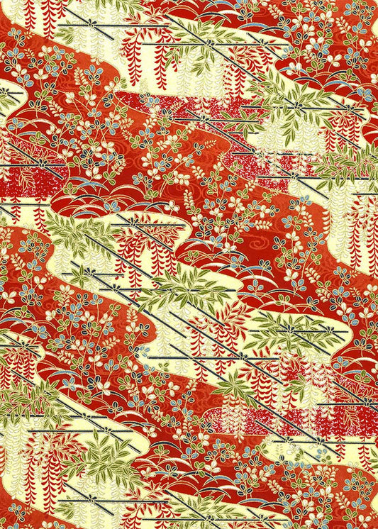 Japanese Chiyogami Paper - Floral Ivory Red