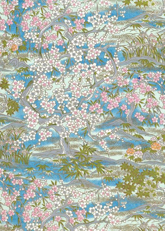 Japanese Chiyogami Paper - Blossom Trees Pink and Blue