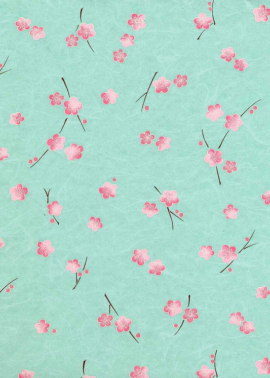 Japanese Chiyogami Paper - Pink Flowers On Turquoise