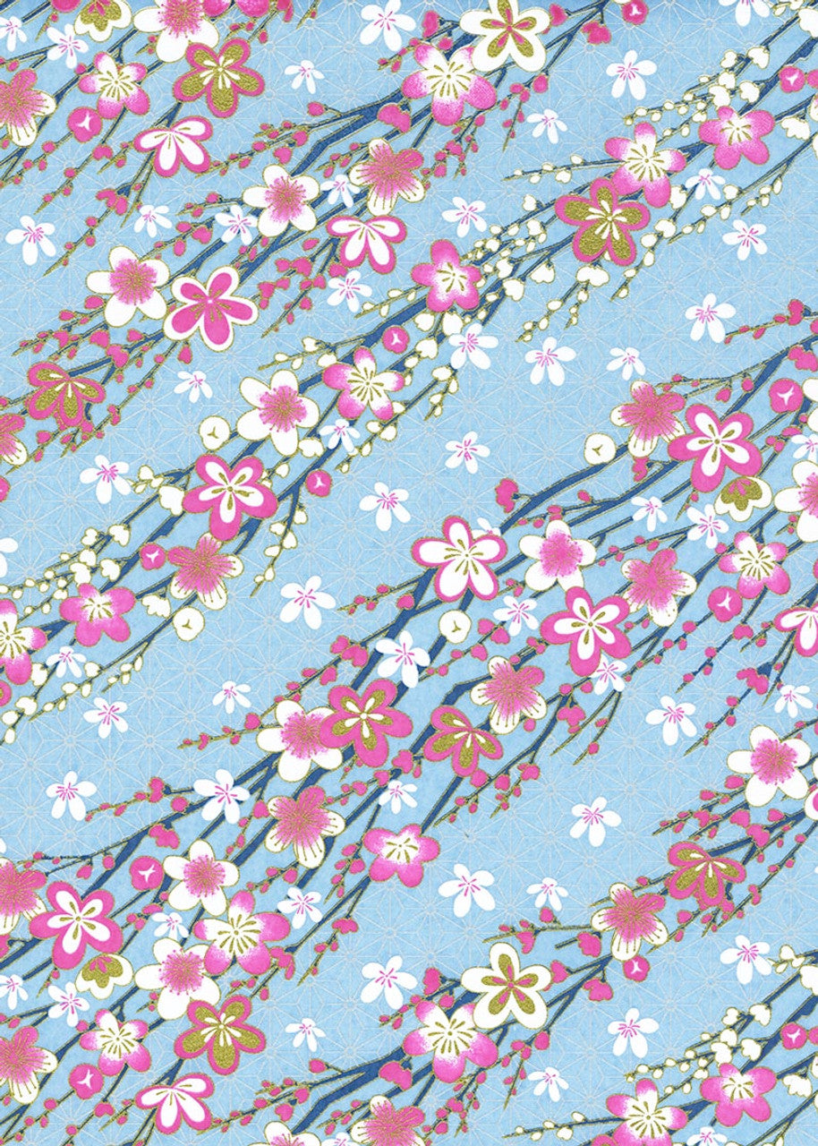 Japanese Chiyogami Paper - Vibrant Pink Flowers On Blue