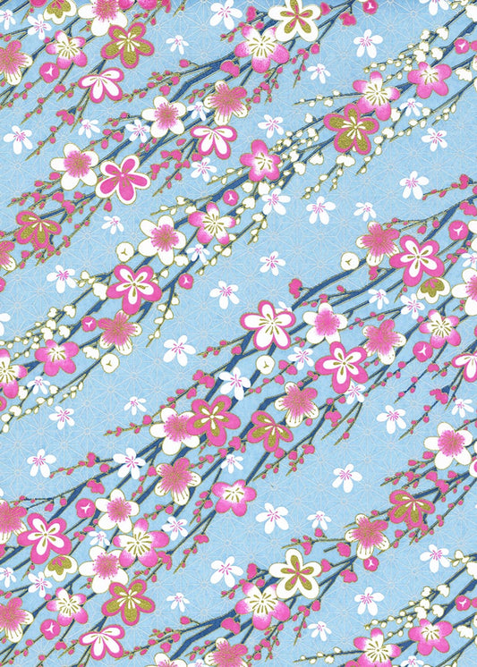 Japanese Chiyogami Paper - Vibrant Pink Flowers On Blue